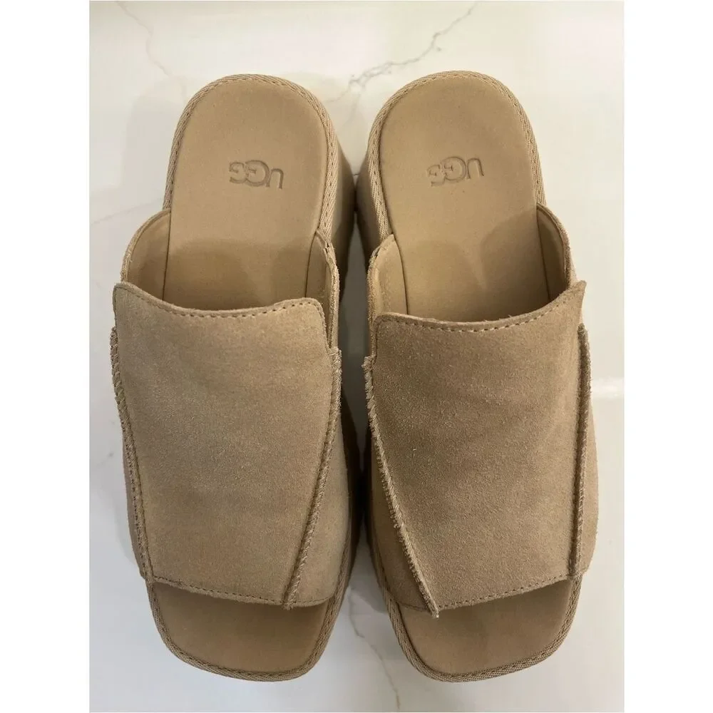 UGG Suede Platform Slide Sandals Camel Tan Square Toe Wedge Slides Sz 9